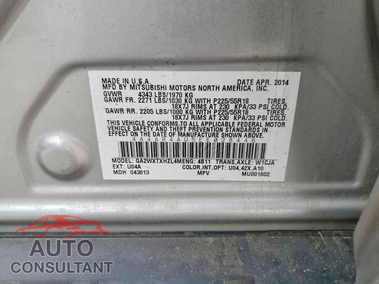 MITSUBISHI OUTLANDER 2014 - 4A4AR4AU5EE028446