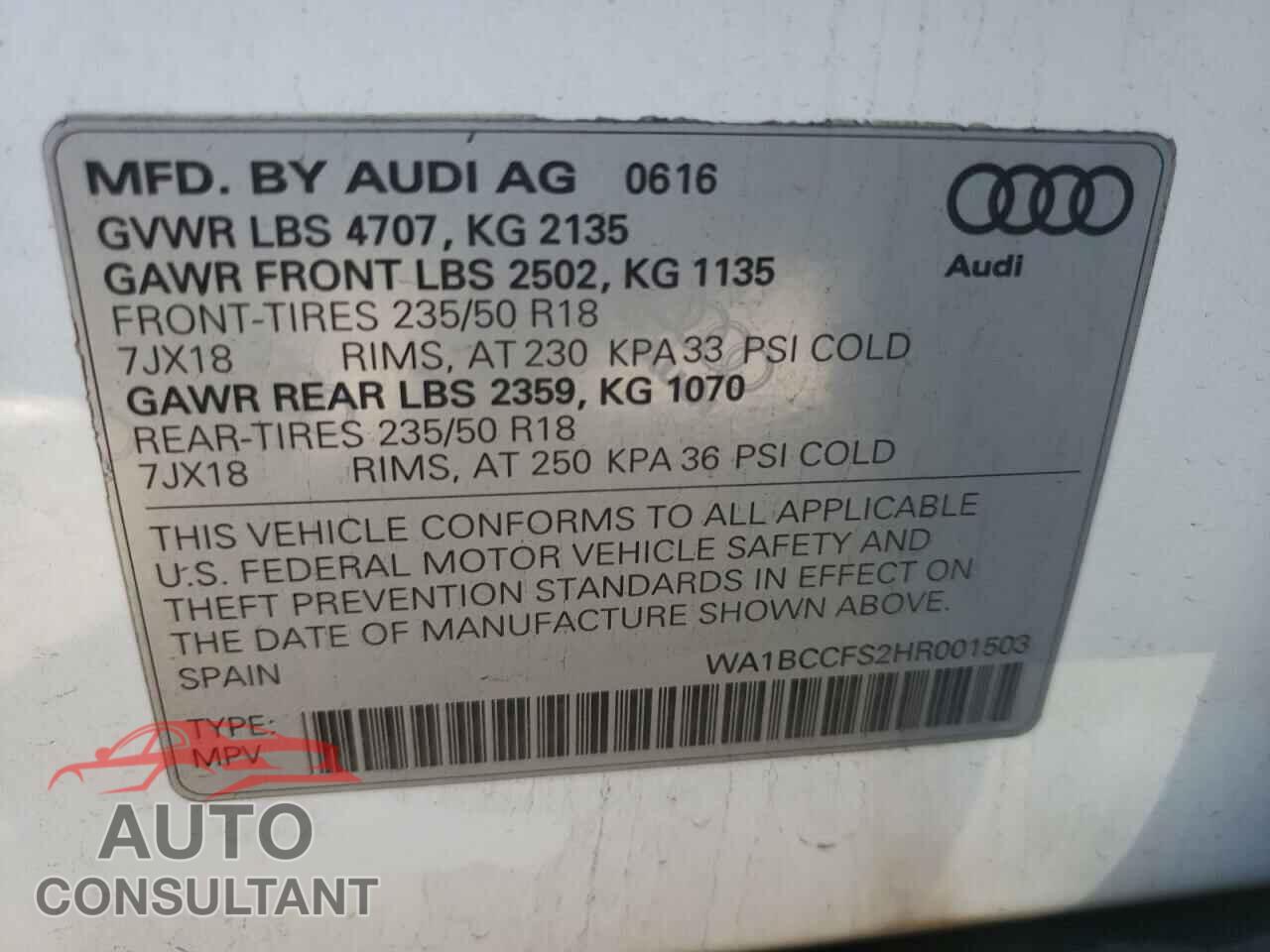 AUDI Q3 2017 - WA1BCCFS2HR001503