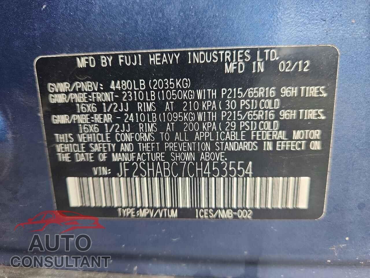 SUBARU FORESTER 2012 - JF2SHABC7CH453554