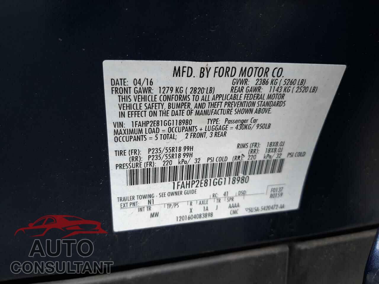 FORD TAURUS 2016 - 1FAHP2E81GG118980