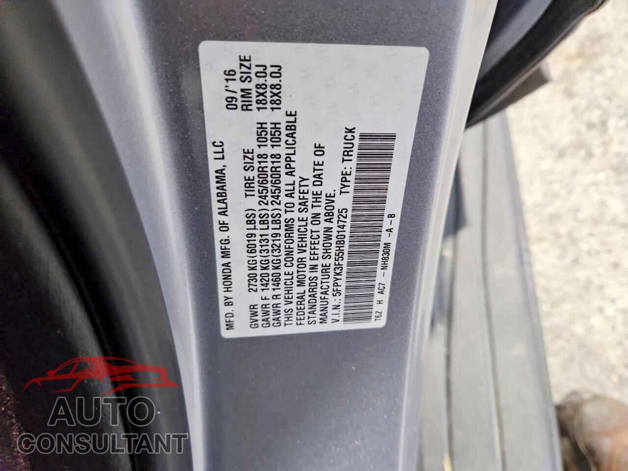 HONDA RIDGELINE 2017 - 5FPYK3F55HB014725