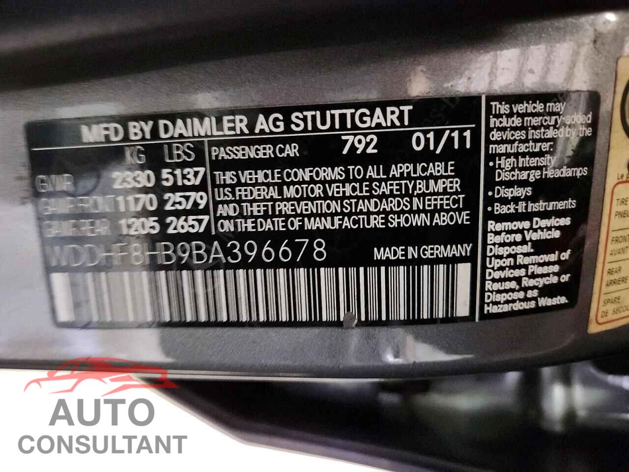 MERCEDES-BENZ E-CLASS 2011 - WDDHF8HB9BA396678
