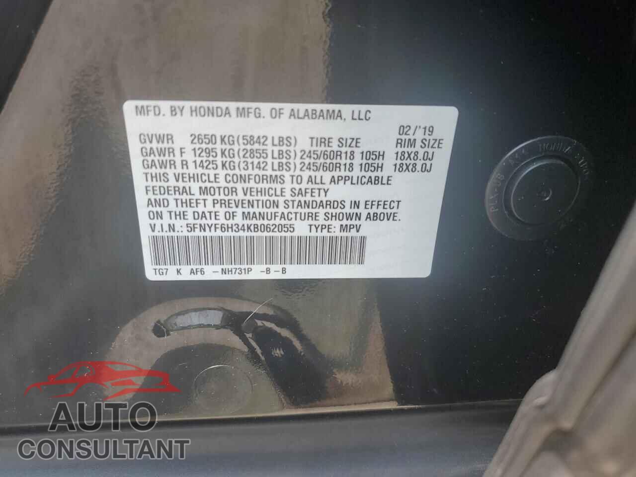 HONDA PILOT 2019 - 5FNYF6H34KB062055