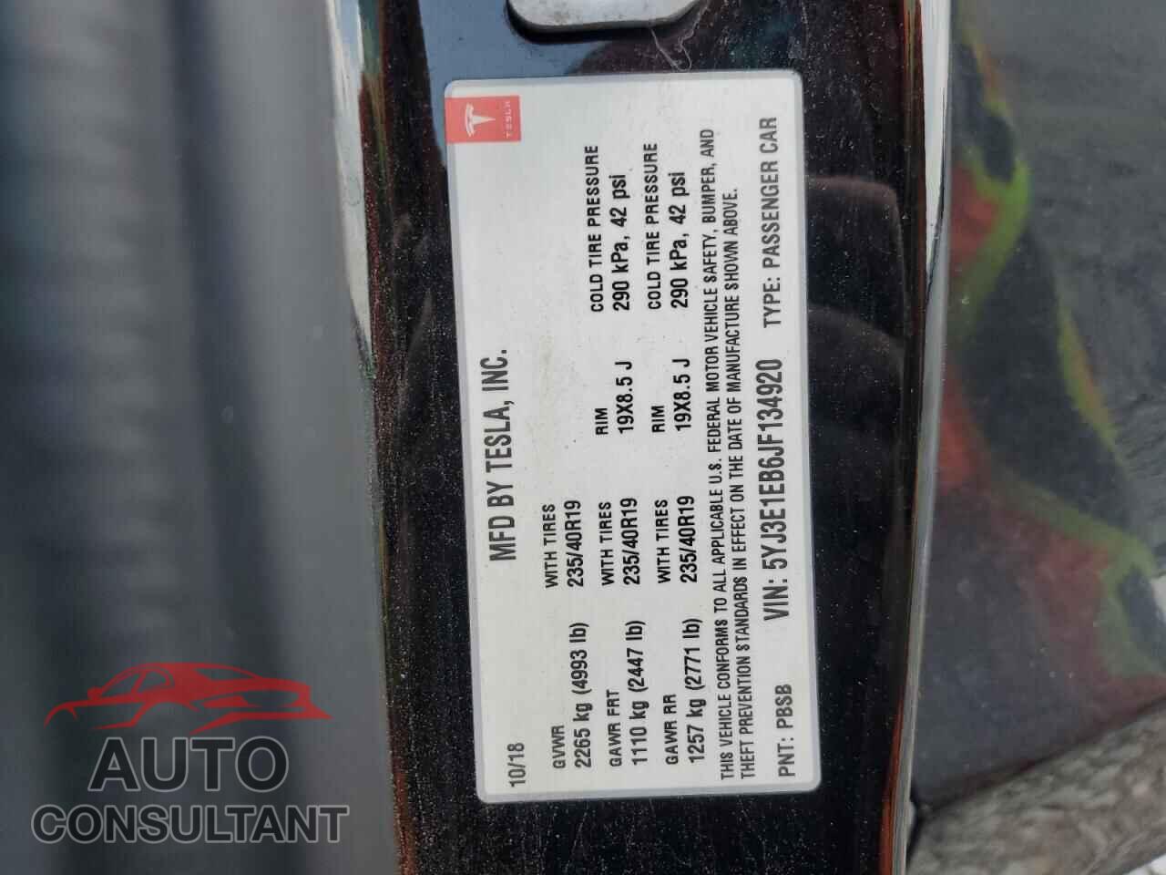 TESLA MODEL 3 2018 - 5YJ3E1EB6JF134920