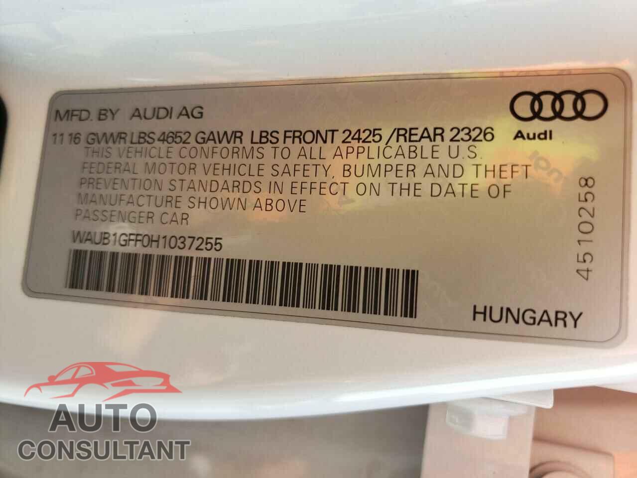 AUDI S3 2017 - WAUB1GFF0H1037255