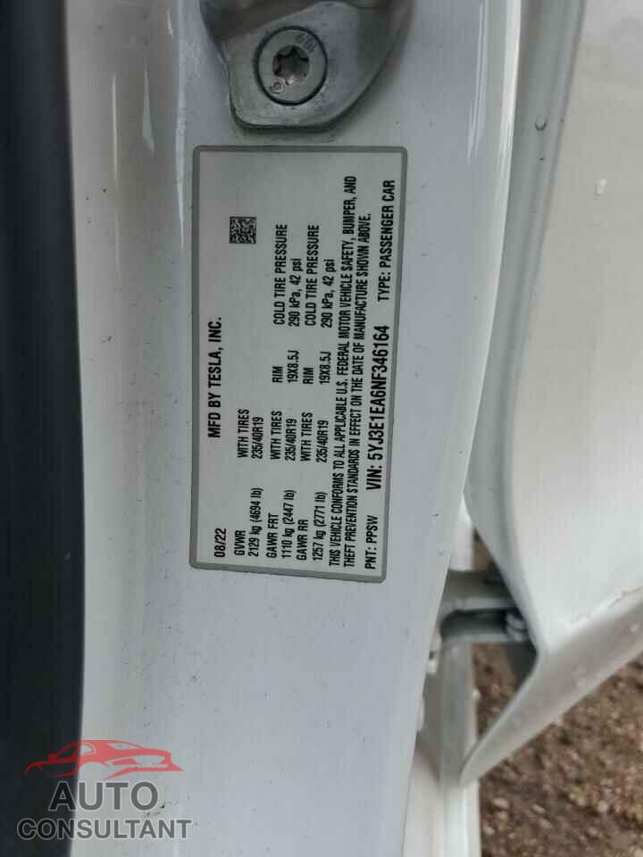 TESLA MODEL 3 2022 - 5YJ3E1EA6NF346164