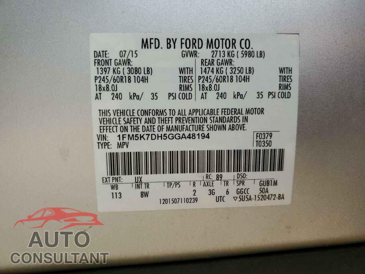 FORD EXPLORER 2016 - 1FM5K7DH5GGA48194