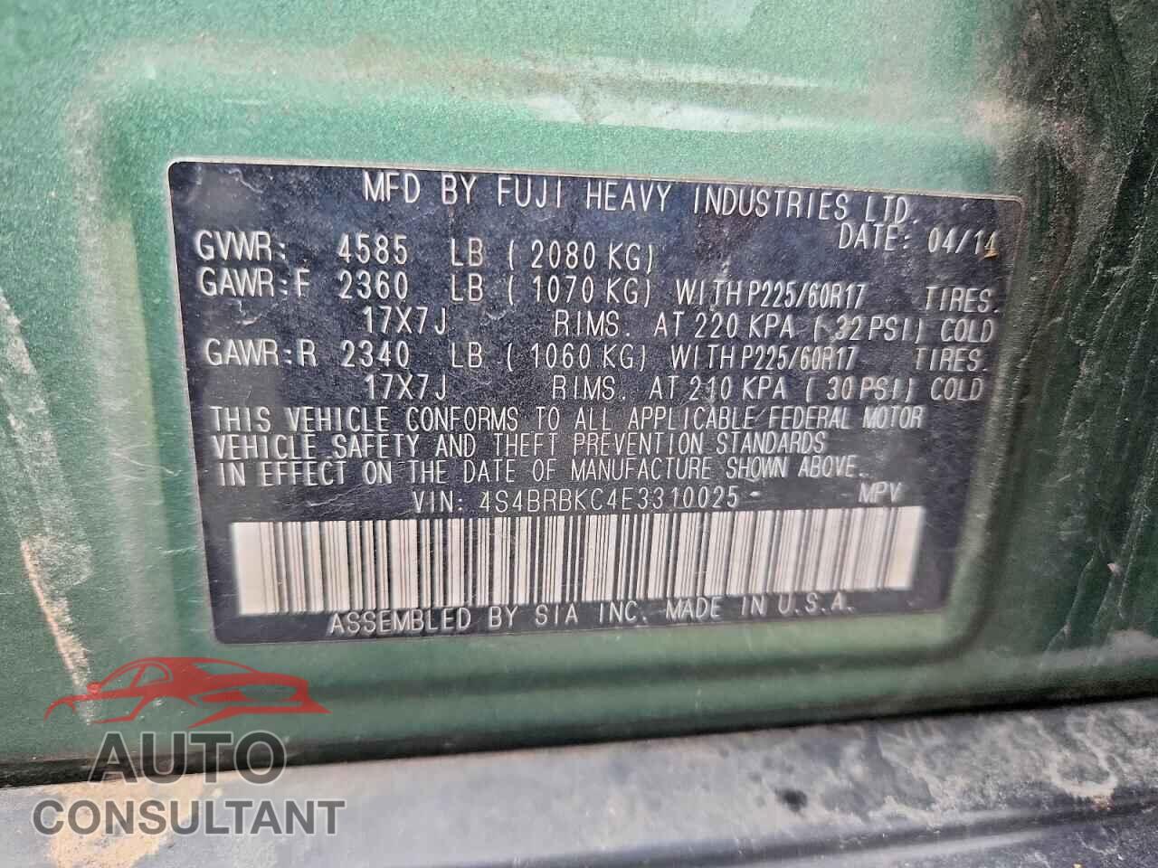 SUBARU OUTBACK 2014 - 4S4BRBKC4E3310025
