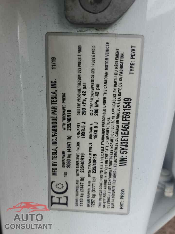 TESLA MODEL 3 2020 - 5YJ3E1EA5LF591549