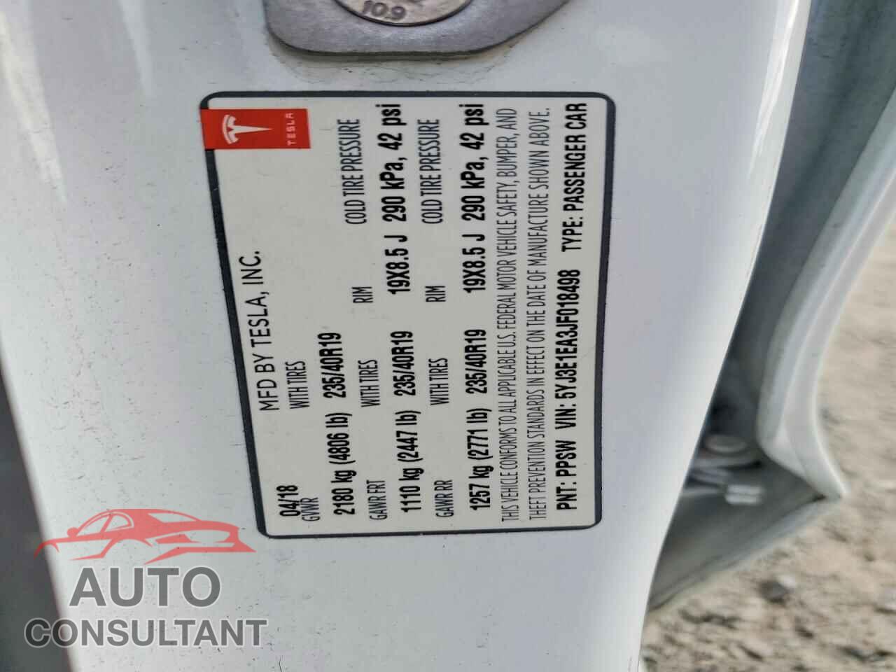 TESLA MODEL 3 2018 - 5YJ3E1EA3JF018498