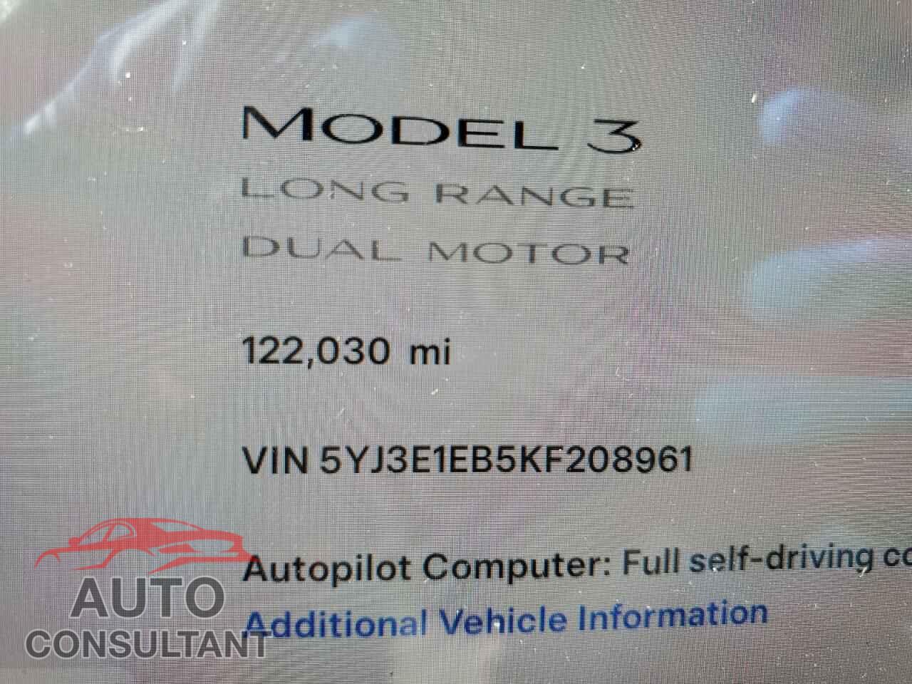 TESLA MODEL 3 2019 - 5YJ3E1EB5KF208961