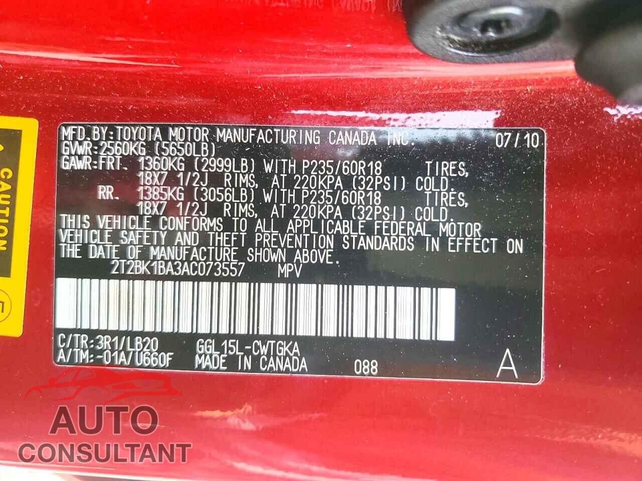 LEXUS RX350 2010 - 2T2BK1BA3AC073557