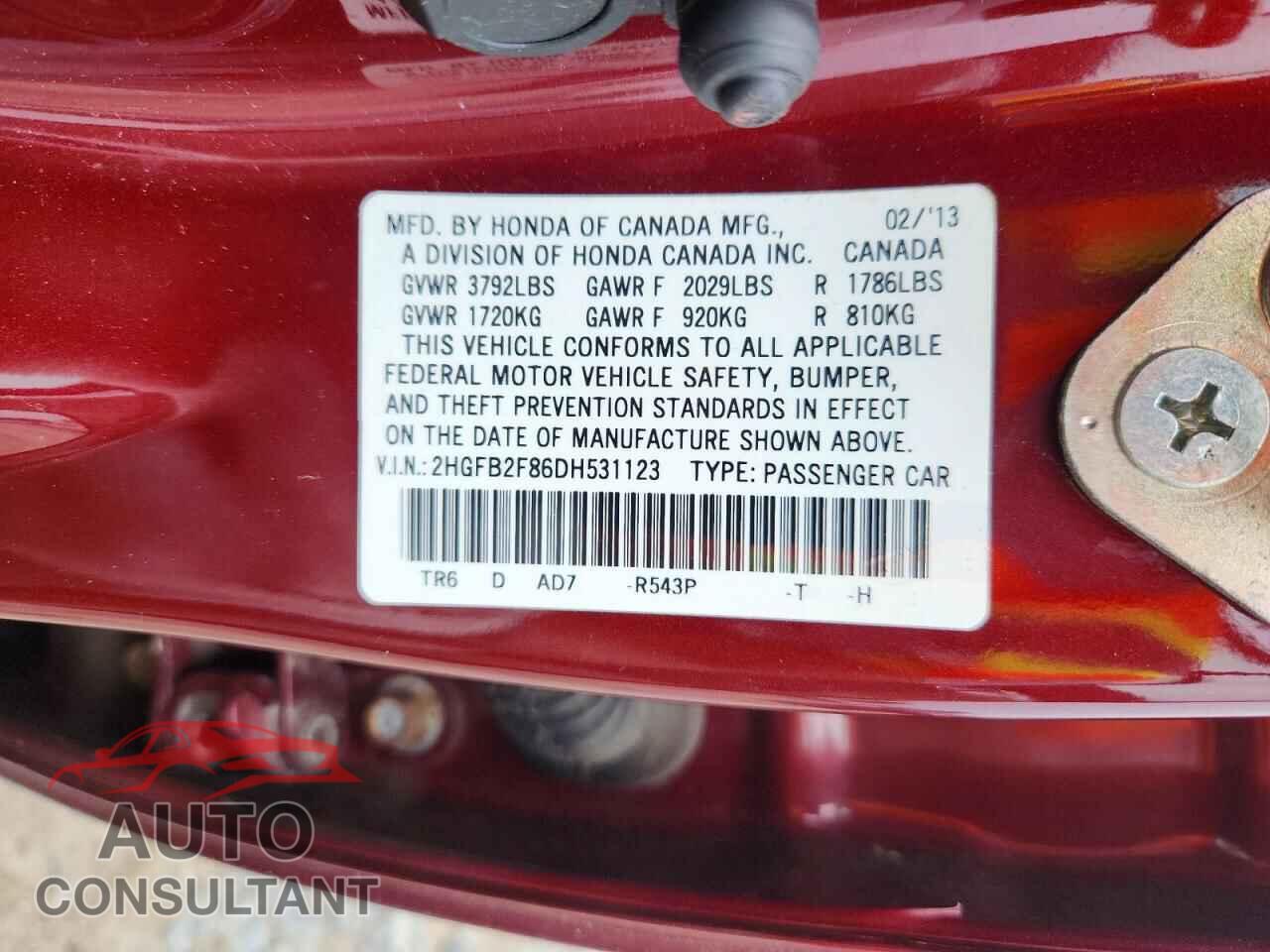 HONDA CIVIC 2013 - 2HGFB2F86DH531123