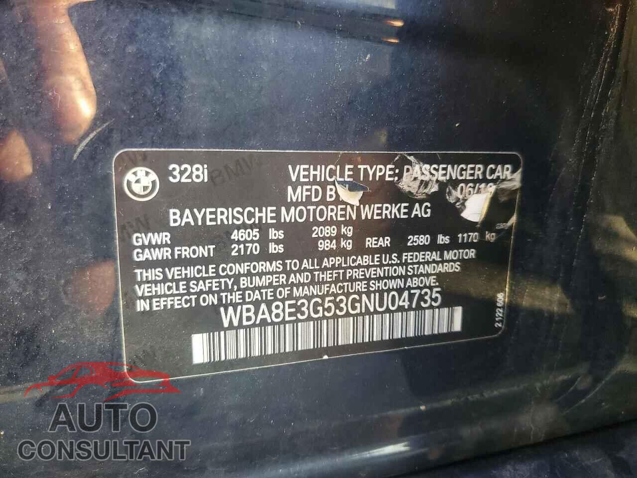 BMW 3 SERIES 2016 - WBA8E3G53GNU04735