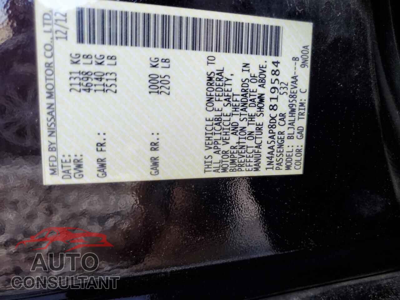 NISSAN MAXIMA 2013 - 1N4AA5AP8DC819584