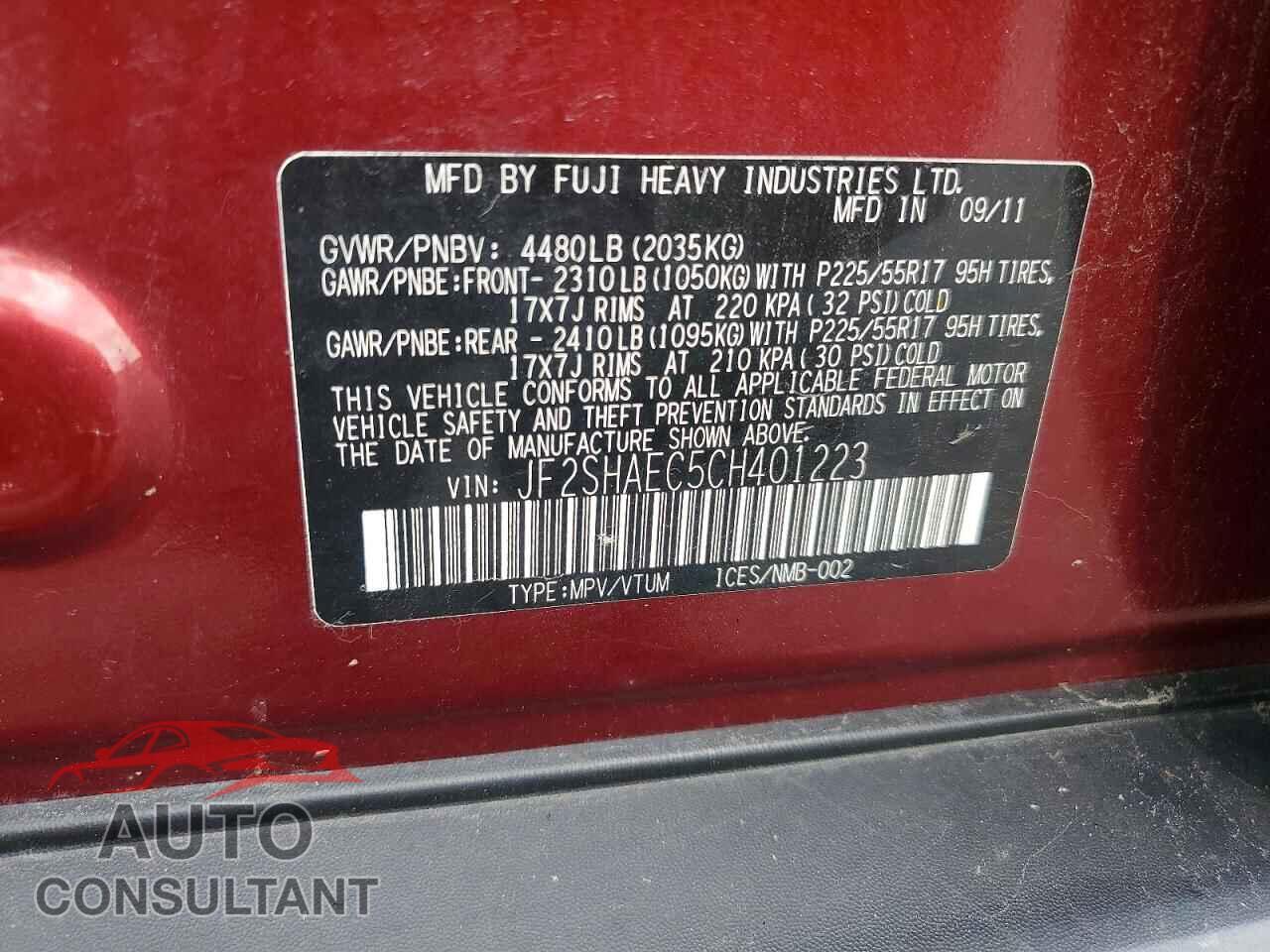 SUBARU FORESTER 2012 - JF2SHAEC5CH401223