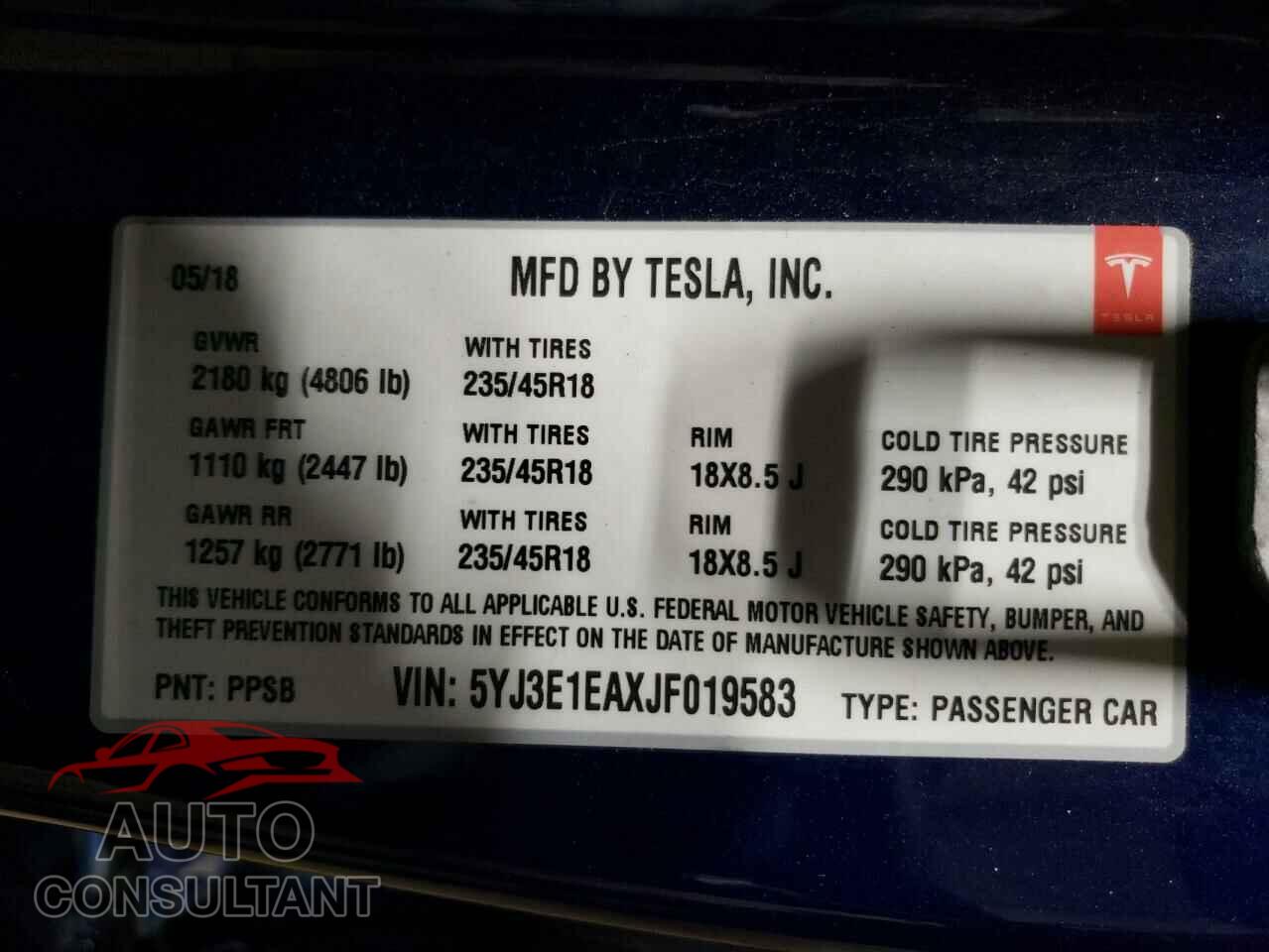 TESLA MODEL 3 2018 - 5YJ3E1EAXJF019583