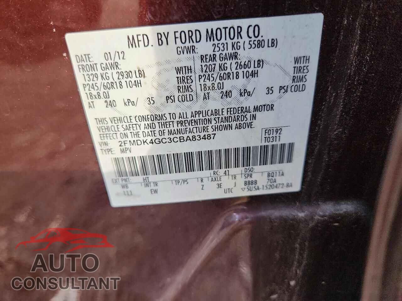 FORD EDGE 2012 - 2FMDK4GC3CBA83487