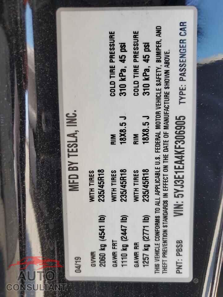 TESLA MODEL 3 2019 - 5YJ3E1EA4KF306905