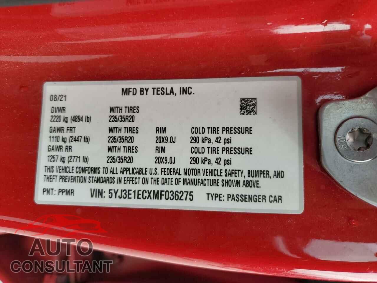 TESLA MODEL 3 2021 - 5YJ3E1ECXMF036275