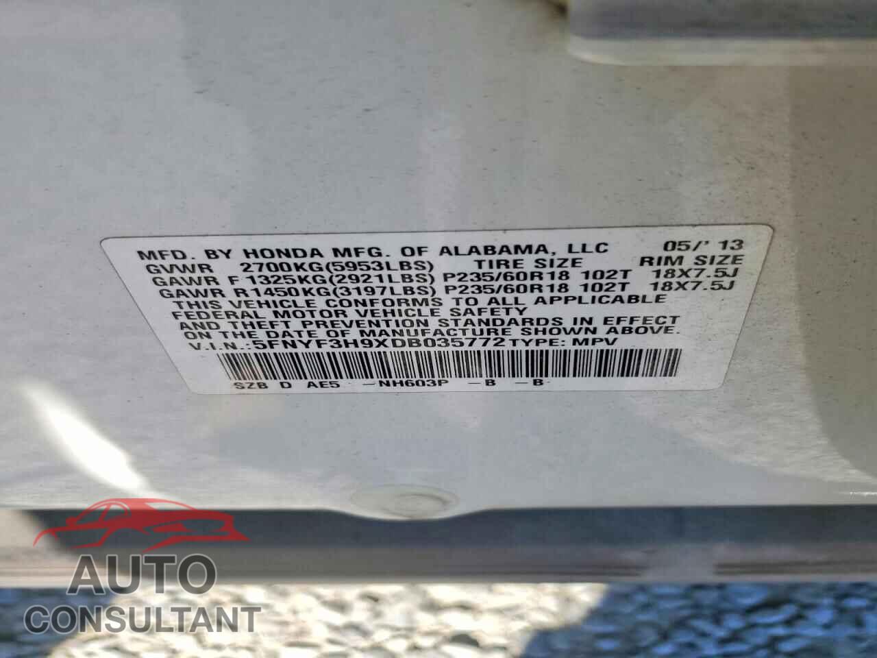 HONDA PILOT 2013 - 5FNYF3H9XDB035772