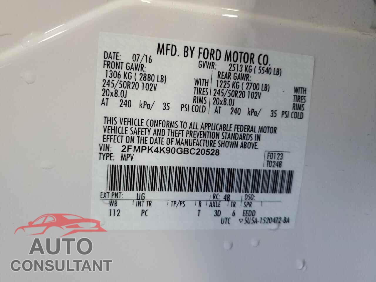 FORD EDGE 2016 - 2FMPK4K90GBC20528