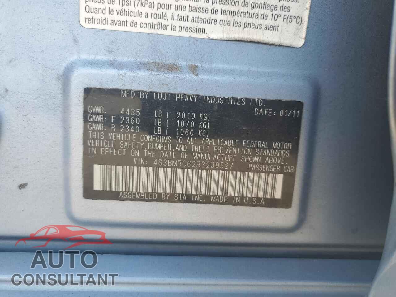 SUBARU LEGACY 2011 - 4S3BMBC62B3239527