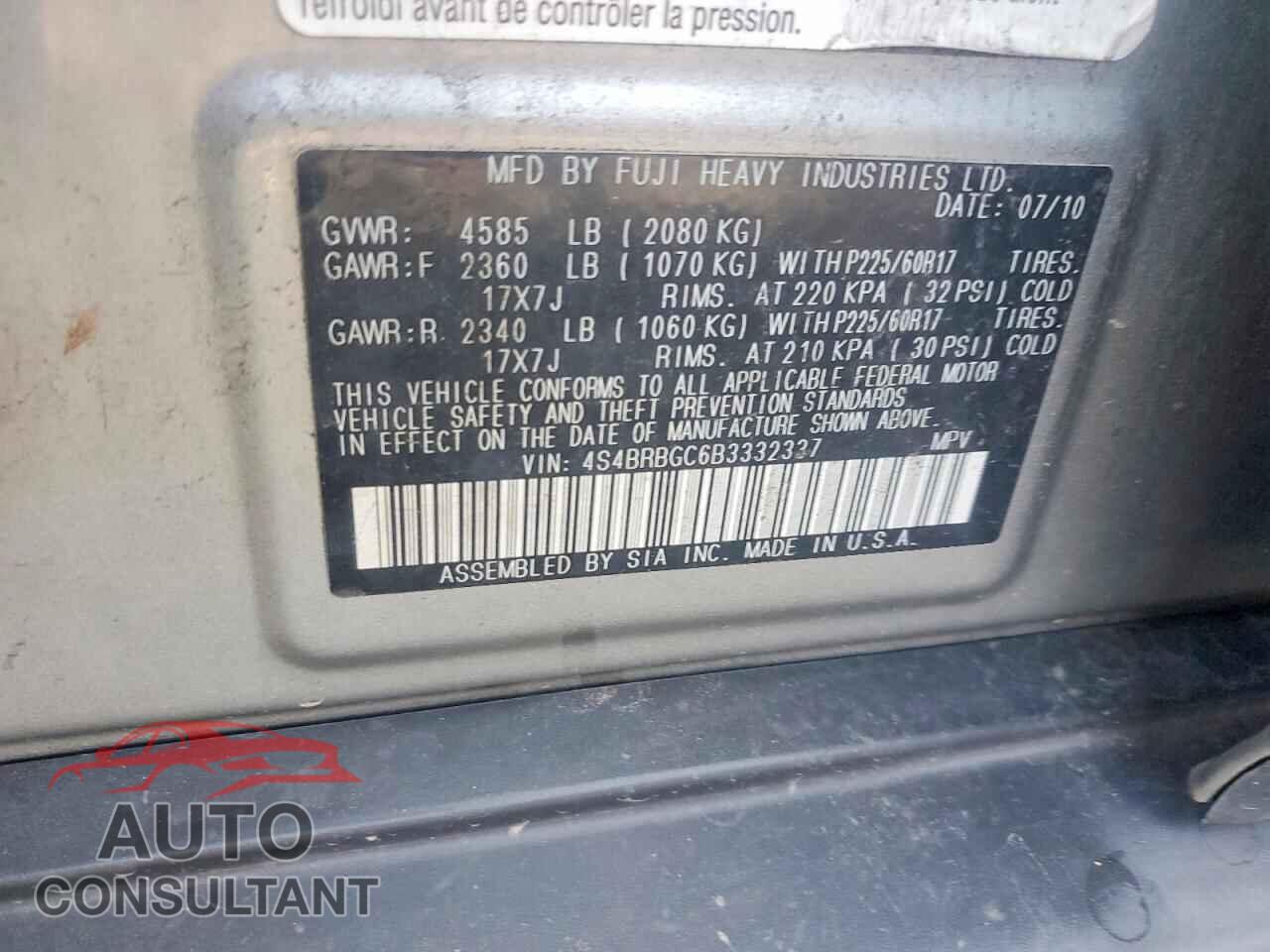SUBARU OUTBACK 2011 - 4S4BRBGC6B3332337