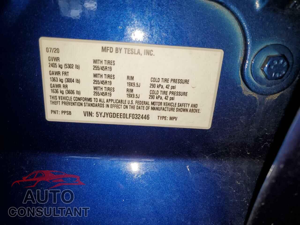 TESLA MODEL Y 2020 - 5YJYGDEE0LF032446