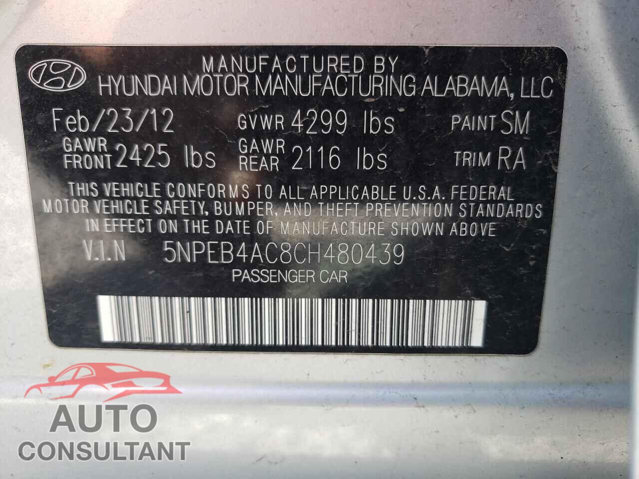 HYUNDAI SONATA 2012 - 5NPEB4AC8CH480439