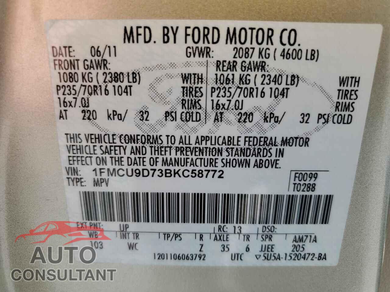 FORD ESCAPE 2011 - 1FMCU9D73BKC58772
