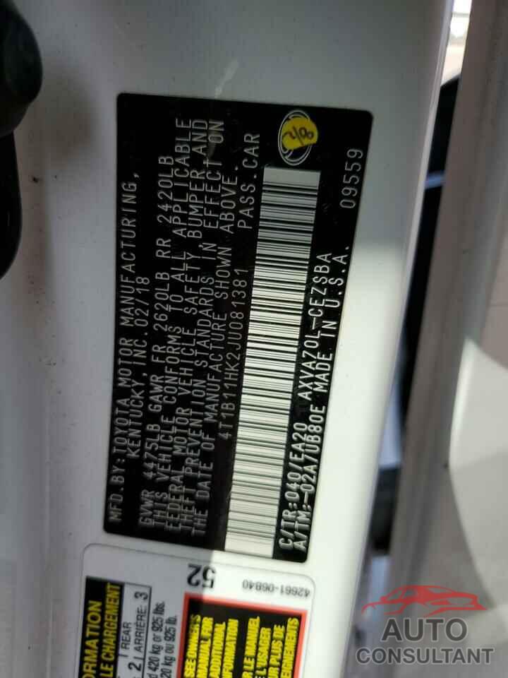 TOYOTA CAMRY 2018 - 4T1B11HK2JU081381