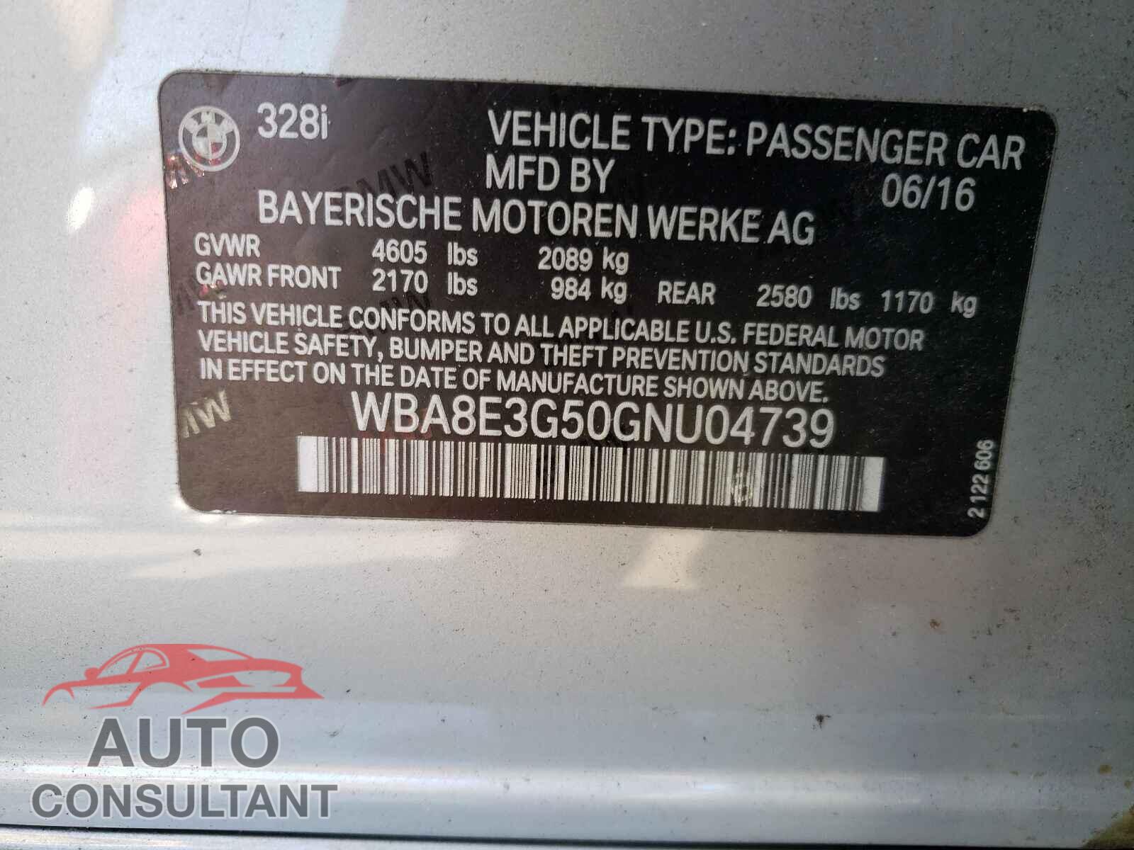 BMW 3 SERIES 2016 - WBA8E3G50GNU04739