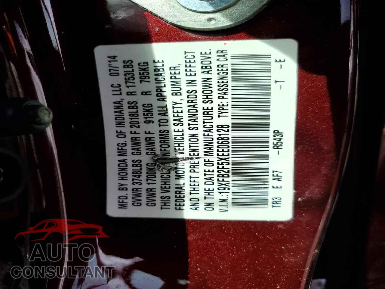 HONDA CIVIC 2014 - 19XFB2F5XEE068128
