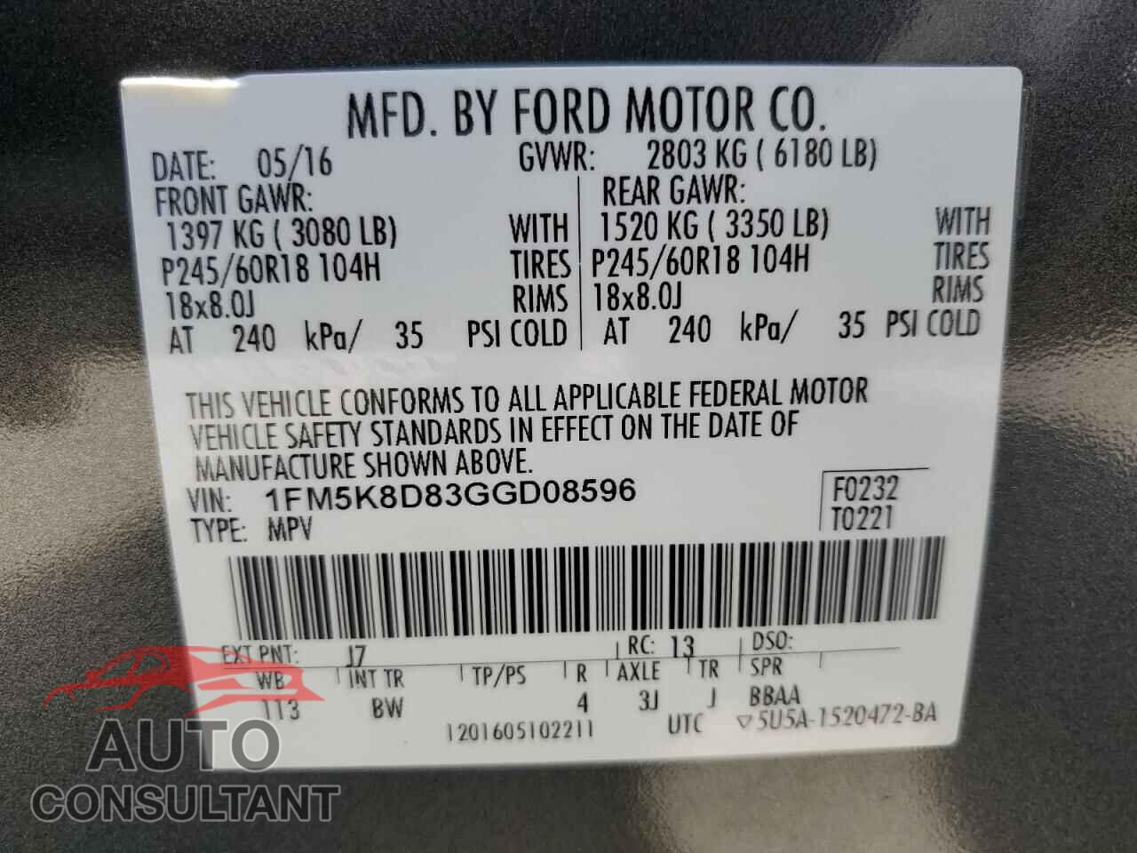 FORD EXPLORER 2016 - 1FM5K8D83GGD08596