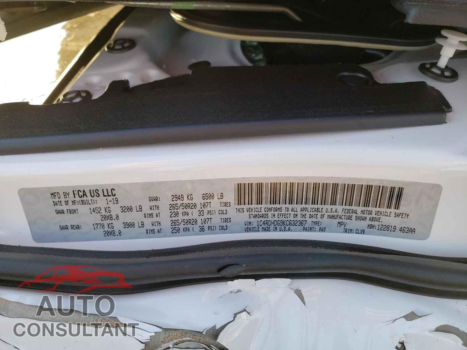 DODGE DURANGO 2019 - 1C4RDHDG9KC632367