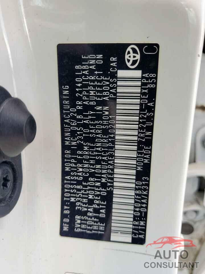 TOYOTA COROLLA 2020 - 5YFEPRAE3LP140201