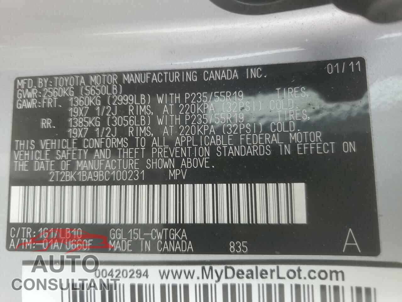 LEXUS RX350 2011 - 2T2BK1BA9BC100231