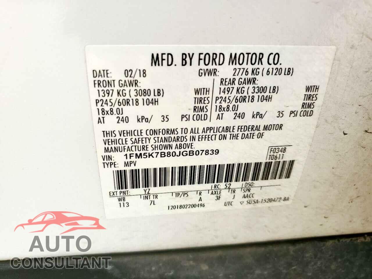 FORD EXPLORER 2018 - 1FM5K7B80JGB07839