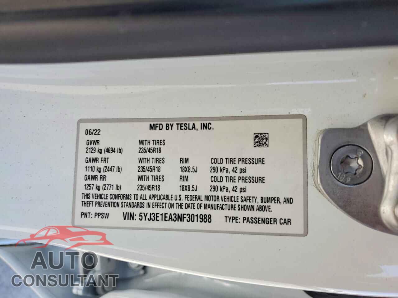 TESLA MODEL 3 2022 - 5YJ3E1EA3NF301988