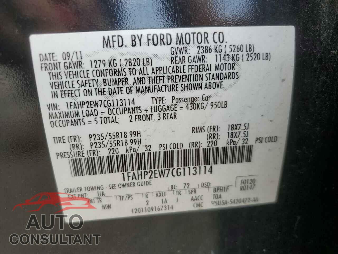 FORD TAURUS 2012 - 1FAHP2EW7CG113114