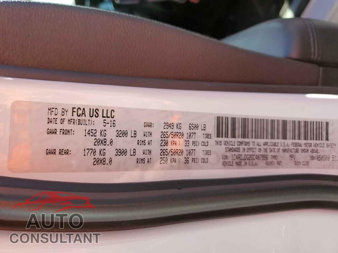DODGE DURANGO 2016 - 1C4RDJDG2GC407996