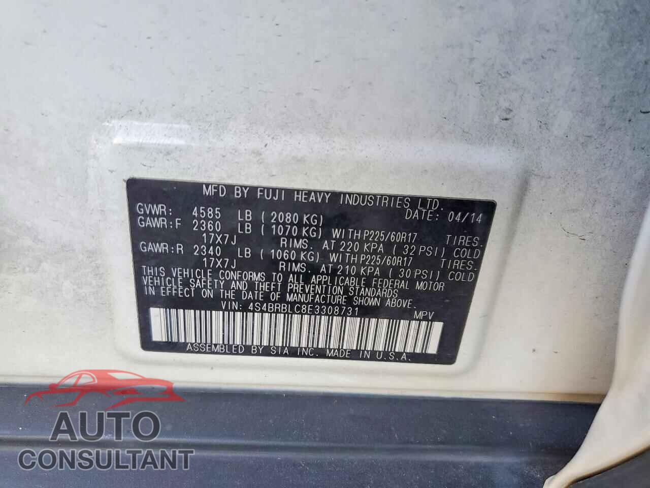 SUBARU OUTBACK 2014 - 4S4BRBLC8E3308731
