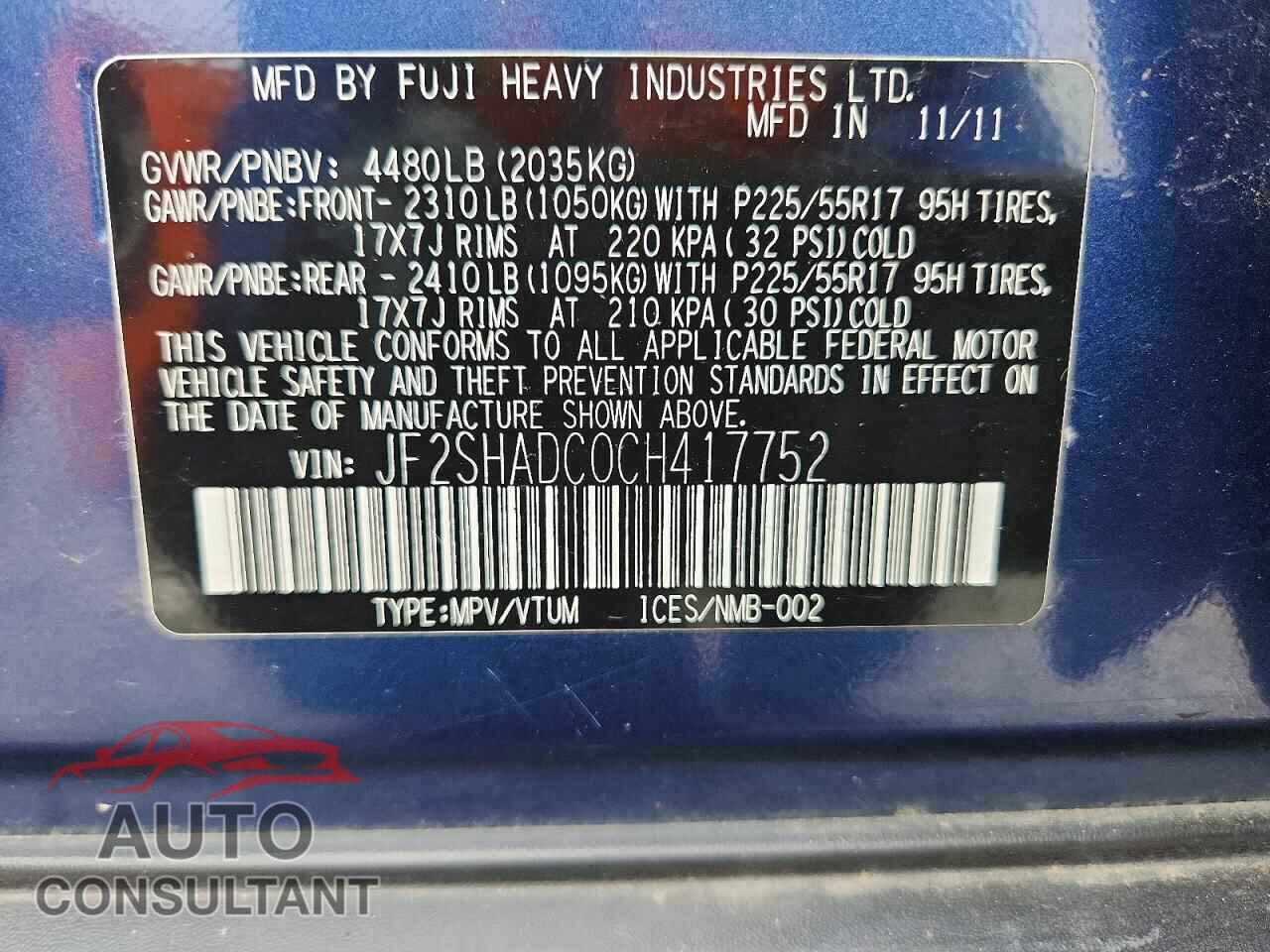 SUBARU FORESTER 2012 - JF2SHADC0CH417752