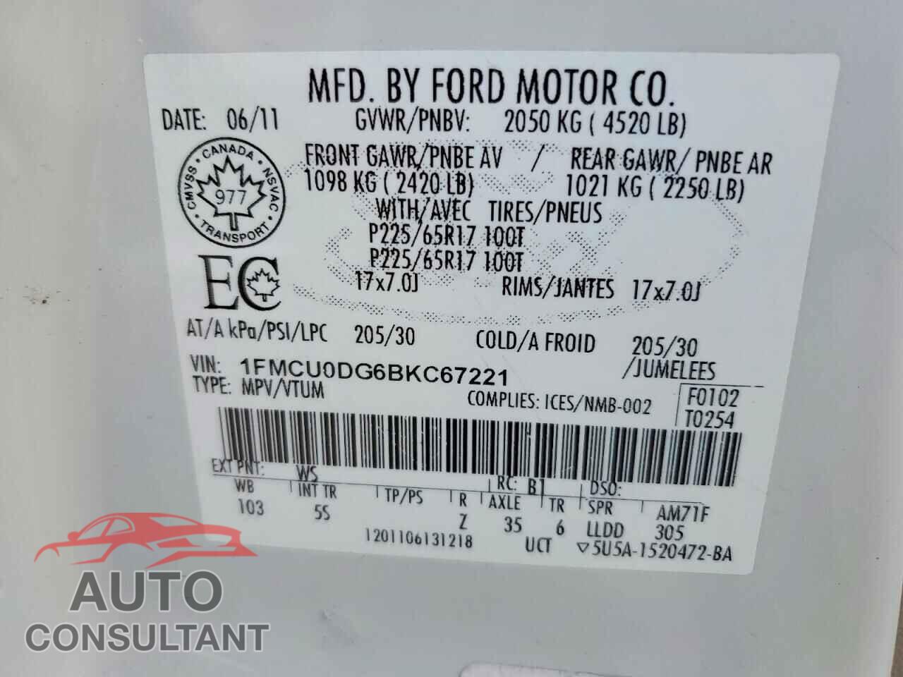 FORD ESCAPE 2011 - 1FMCU0DG6BKC67221