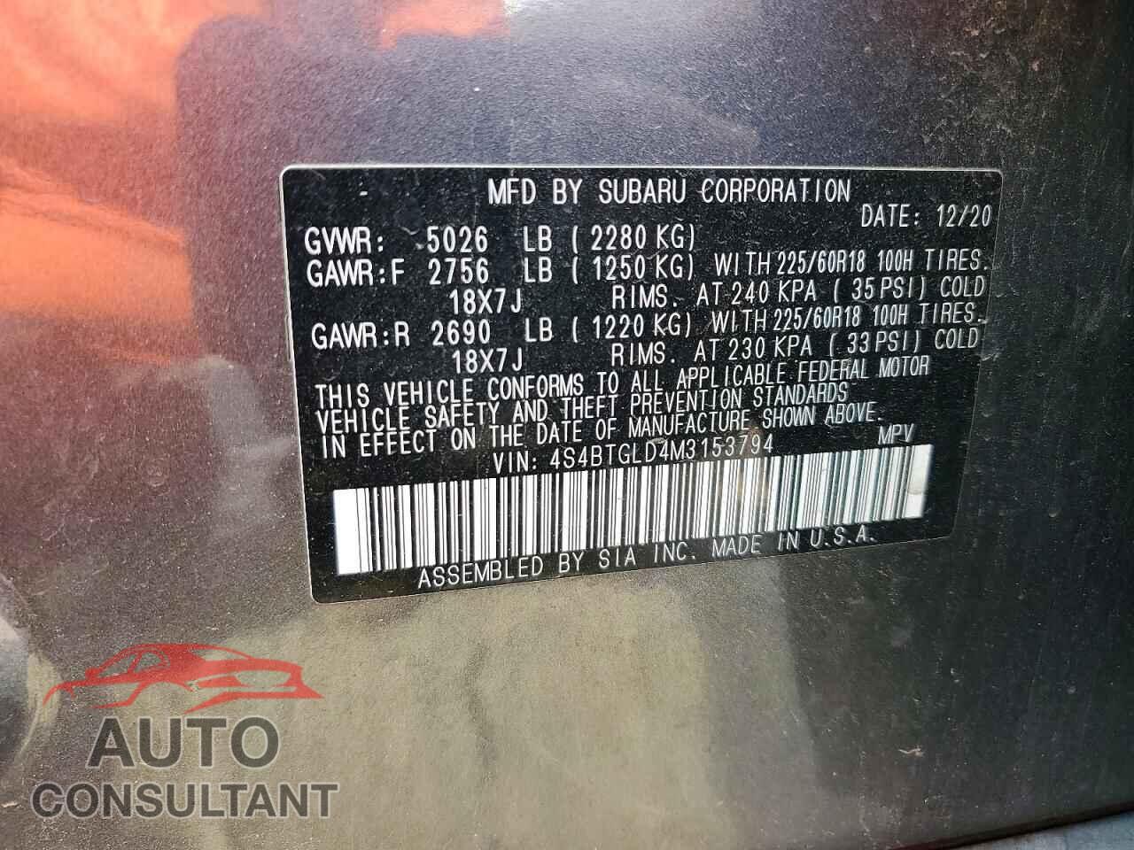 SUBARU OUTBACK 2021 - 4S4BTGLD4M3153794