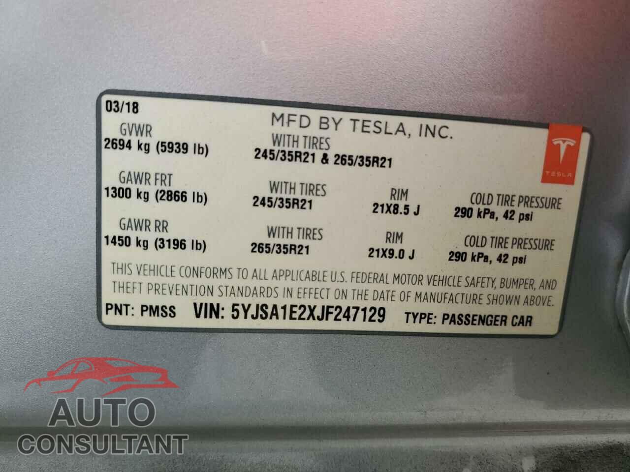 TESLA MODEL S 2018 - 5YJSA1E2XJF247129