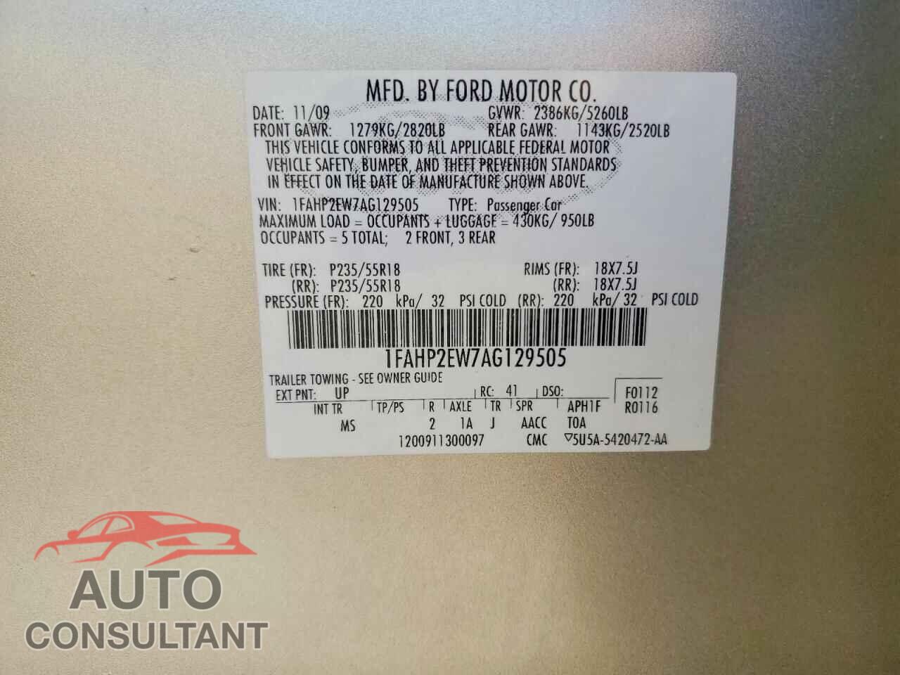 FORD TAURUS 2010 - 1FAHP2EW7AG129505