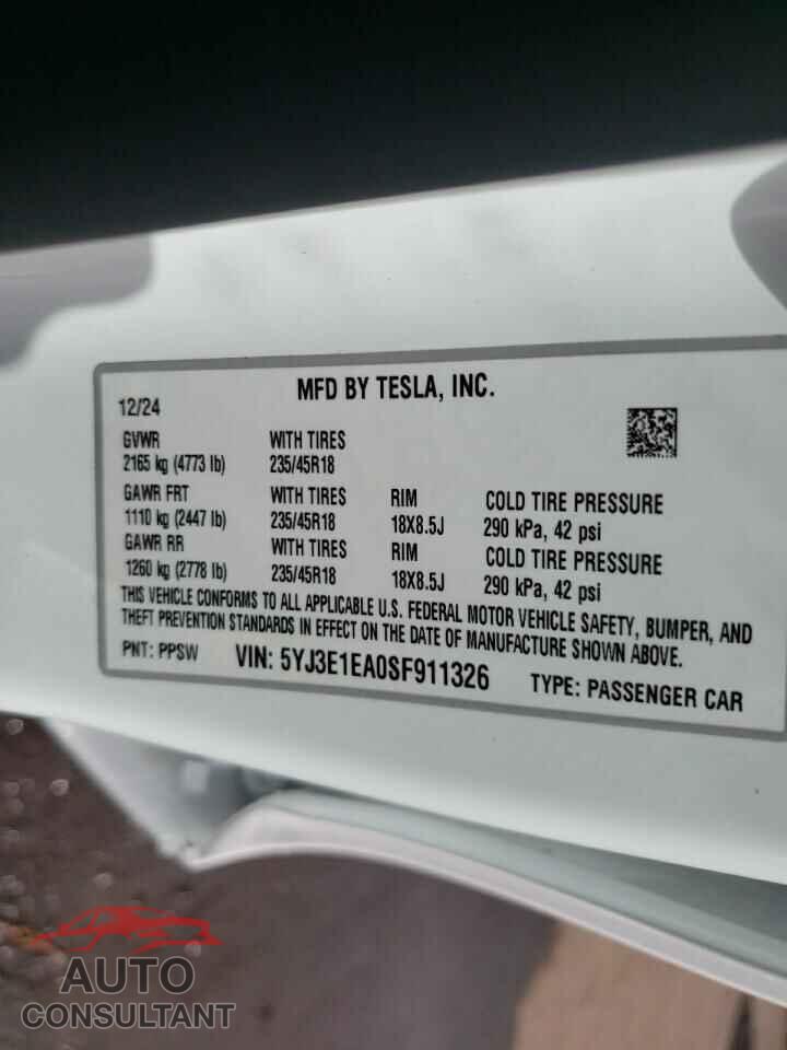 TESLA MODEL 3 2025 - 5YJ3E1EA0SF911326