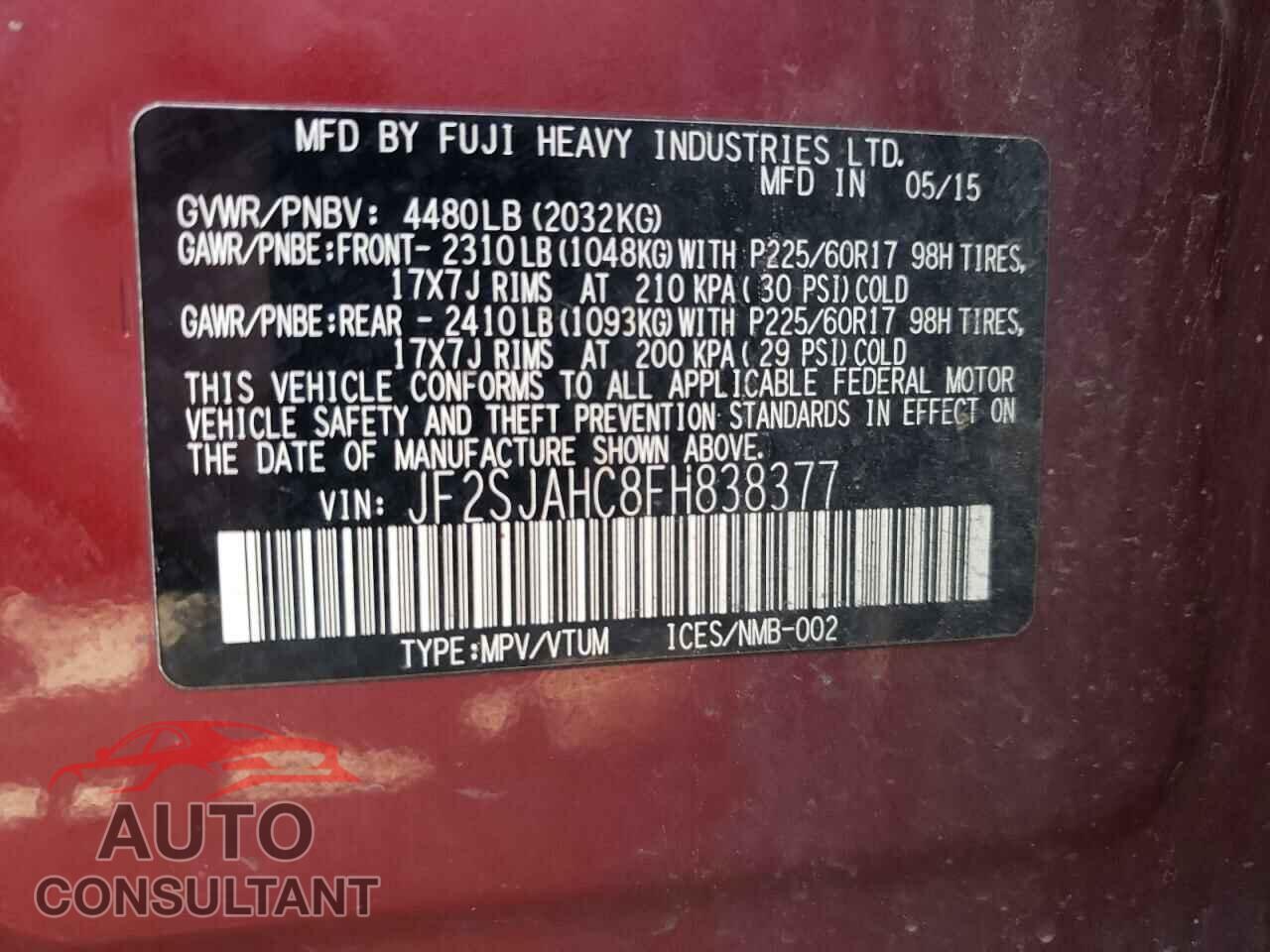 SUBARU FORESTER 2015 - JF2SJAHC8FH838377